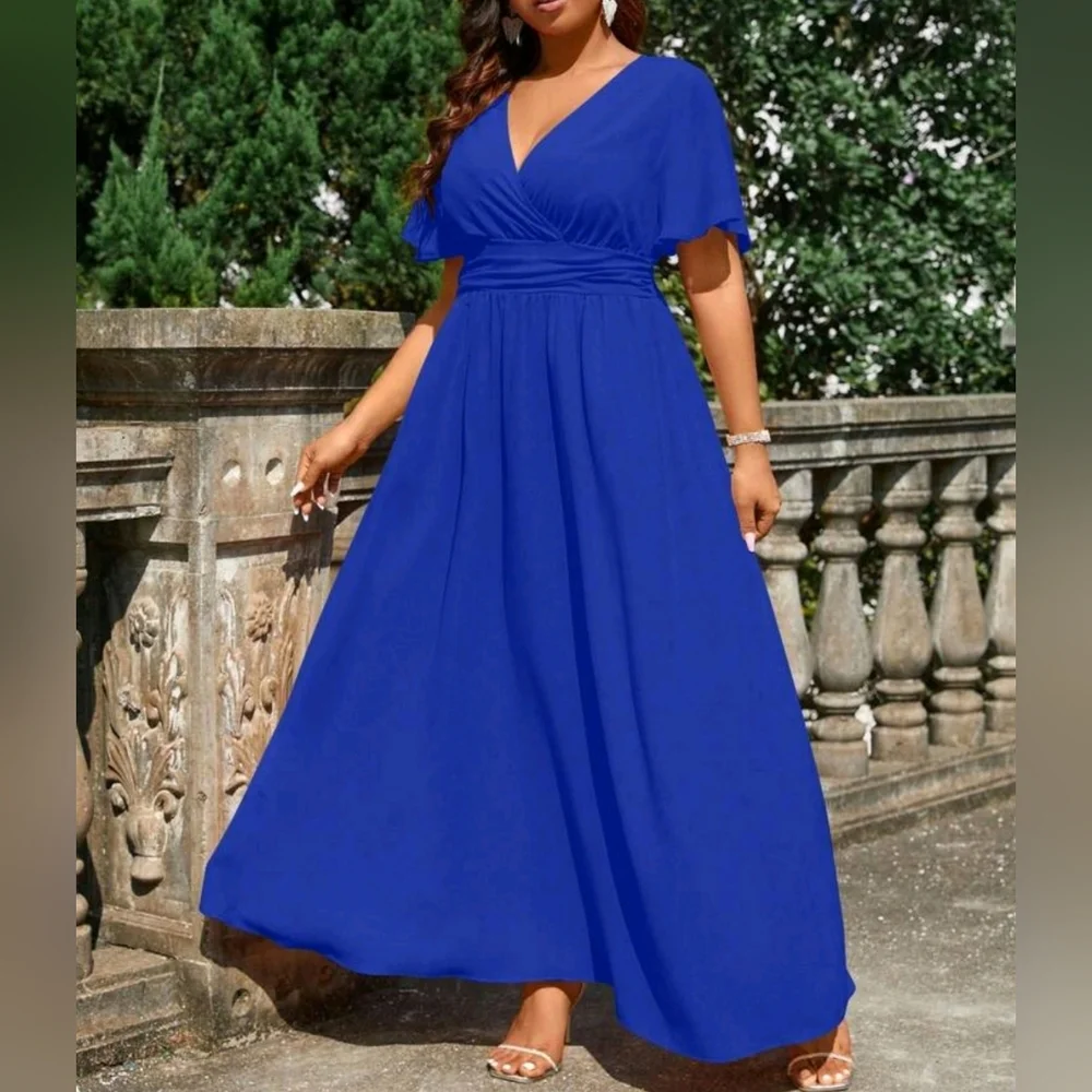 NEW Chic Ruched Waist Flutter Sleeve Maxi Dress PLUS Royal Blue